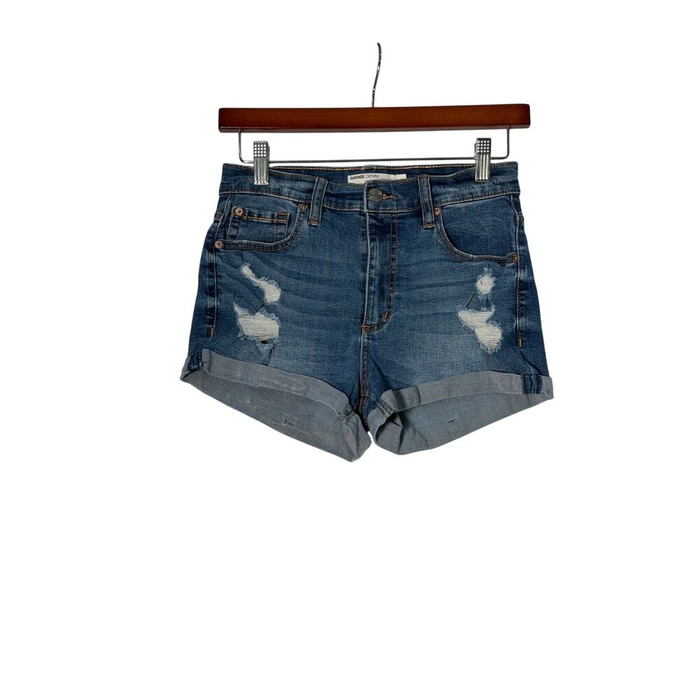Garage Denim Shorts Women’s 25 Medium Blue High Rise Cuffed Distressed Stretch